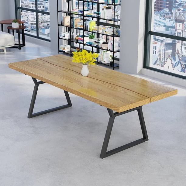 Worlwood Natural Industrial Dining Table with Wood Top & Metal Frame Solid Wood 6 Seater Dining Table