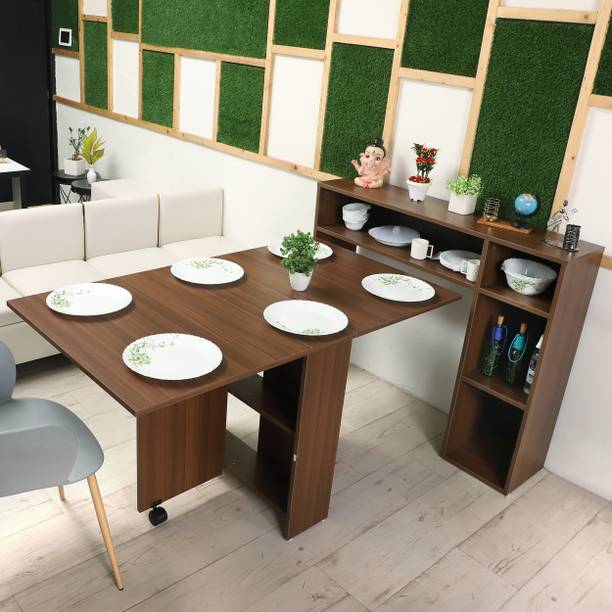 FORKTAIL Space saving folding dining table with 2 tier Storage ( Without chairs) Engineered Wood 6 Seater Dining Table