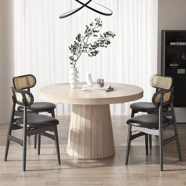 NG Decor Japandi 39"-55" Extendable Whitewash Dining Table 6-Seater Oval&Round Pedestal Engineered Wood 6 Seater Dining Table