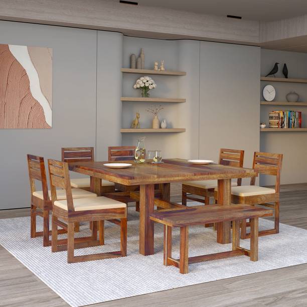 Wakeup India Crenn Cedar Sheesham Wood 8 Seater Dining Table Set 6 Chair & 2 Seater Bench Solid Wood 8 Seater Dining Table