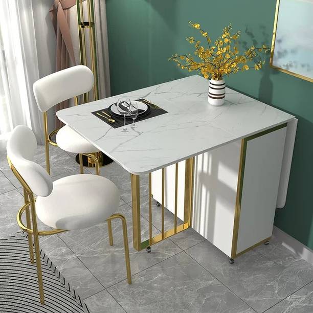 KDINTERIORS Modern Folding White Dining Table 1610mm with Storage Drop Leaf Gold Frame Engineered Wood 6 Seater Dining Table