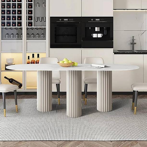 NG Decor Modern Oval Sintered Stone Top Dining Table 3 Legs in White Stone 6 Seater Dining Table