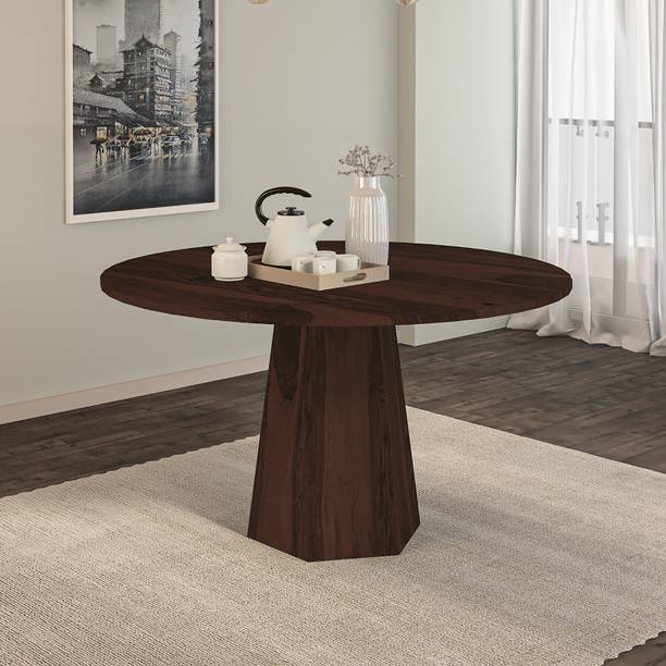 Wakeup India Batali Round Hexagonal Leg Dining Table Walnut Dinner Table Mangowood Solid Wood 2 Seater Dining Table