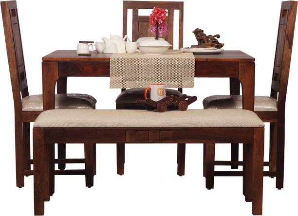 Sheesham Craft CuisineCraft Nivora 3 Chairs & 1 Bench,Unique Leg,Natural Colour,Matte Finished Solid Wood 4 Seater Dining Set