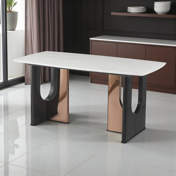THE ATTIC The Attic Echelon Dining Table 160 cms | White Faux Marble Top Metal 6 Seater Dining Table