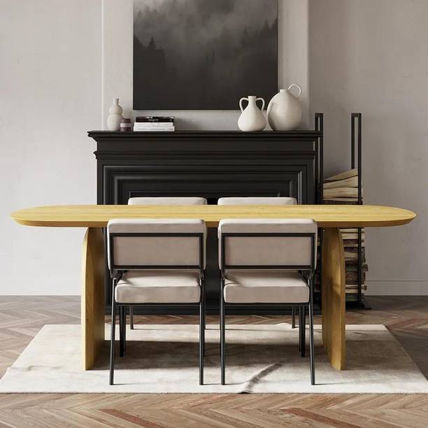NG Decor Japandi Dining Table Solid Wood Top & Pedestals for 8 Engineered Wood 8 Seater Dining Table