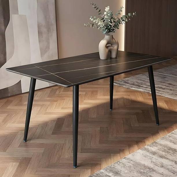 Furniva Italiana 15mm Ultra-Slim Sintered Stone Dining Table Black Faux Marble Metal 6 Seater Dining Table