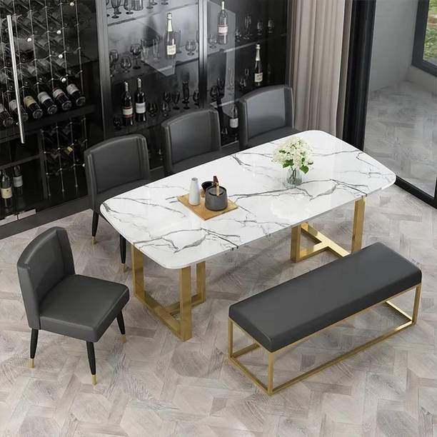 NG Decor Mullia Modern Dining Table with Faux Marble Top White Rectangle Dining Table Stone 8 Seater Dining Table