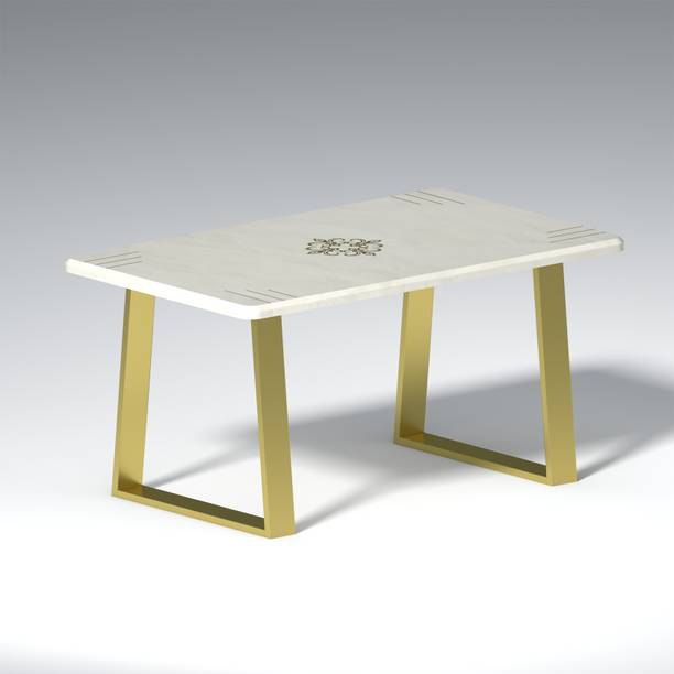 Wakeup India Symon Stone Dining Table White and Golden Dinner Table Stone Marble Solid Wood 6 Seater Dining Table