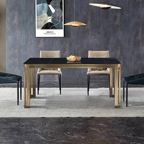 NG Decor Sintered Stone Top Dining Table Stainless Steel Frame in Brushed Champagne Stone 6 Seater Dining Table