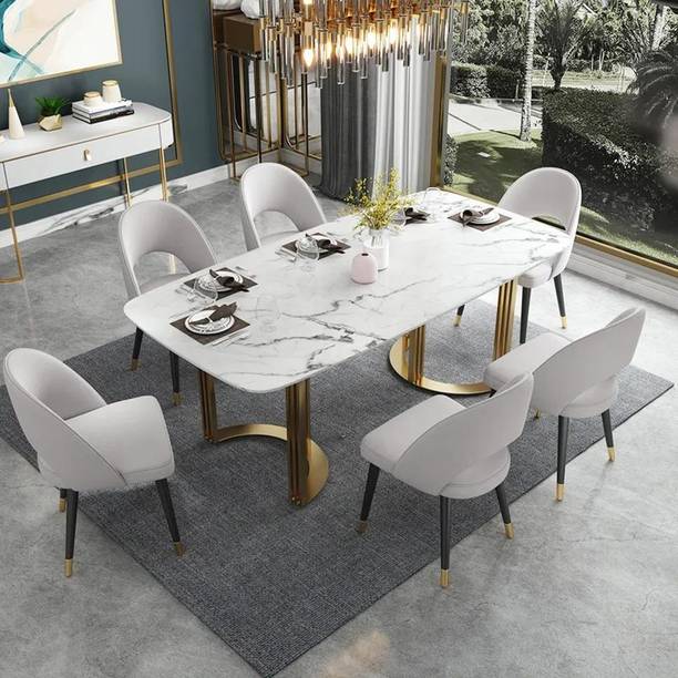 NG Decor Faux Marble Dining Room Table for 4-6 Person White Rectangular Top in Gold Stone 6 Seater Dining Table