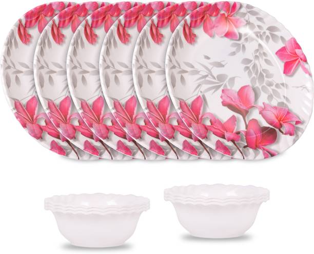 Home-pro Pack of 12 Melamin Royal Lehar 101 Pink Flower Print 6 Full Plates & 6 Bowl Crockery Set Dinner Set