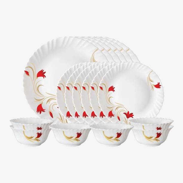 Larah by Borosil Pack of 18 Opalware Red Lily Dinner Set