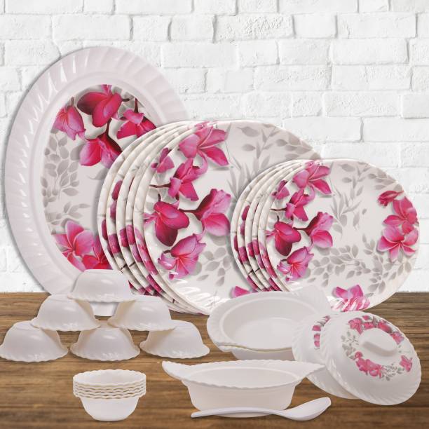 Home-pro Pack of 32 Melamin Royal Lehar, Stain Resistant, Beautiful Pink Floral Design Crockery Dinnerware Dinner Set