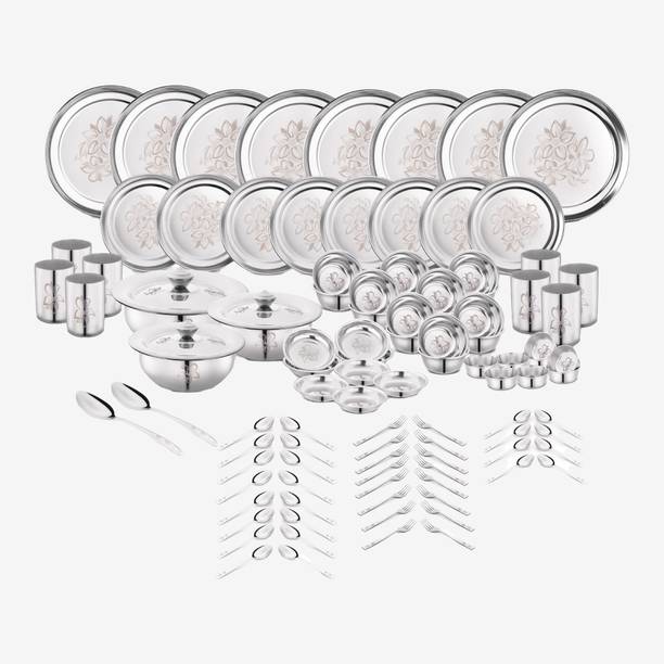 क्लासिक एसेंशियल्स Stainless Steel Glory Dinner Set, 101-Pieces, Silver Heavy Gauge with Permanent Laser Design 101 का पैक डिनर सेट