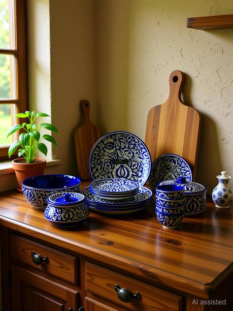 caffeine Pack of 15 Ceramic Handmade Blue Mughal Dinner Set Dinner Set