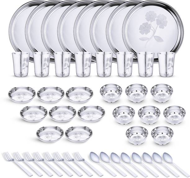 LIMETRO STEEL Pack of 48 Stainless Steel Laser Printed Flawer Design (Serves 8) Dinner Set