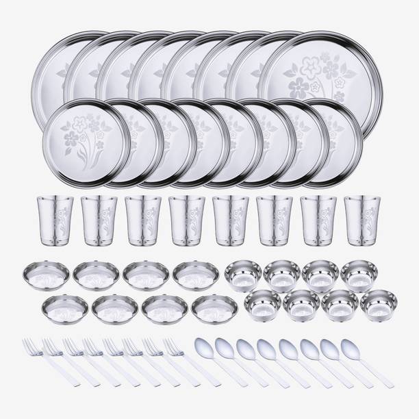 LIMETRO STEEL Pack of 56 Stainless Steel Laser Printed (Serves 8) Dinner Set