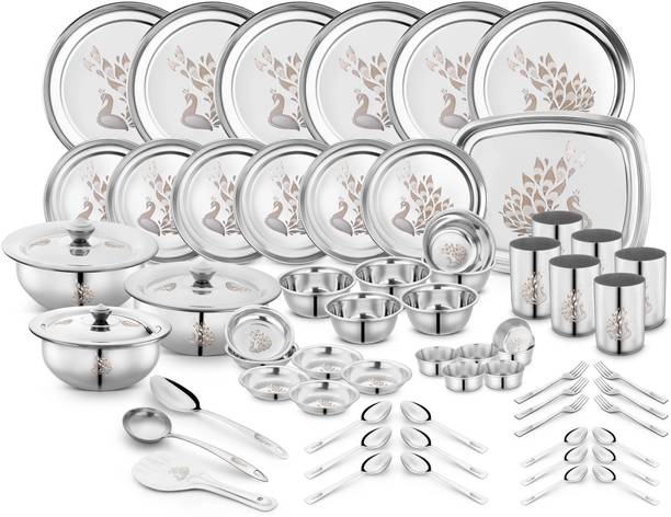 क्लासिक एसेंशियल्स Dinner Set|Serves 6 People|Heavy Gauge|Kitchen Set|Permanent Laser-Peacock 64 का पैक डिनर सेट