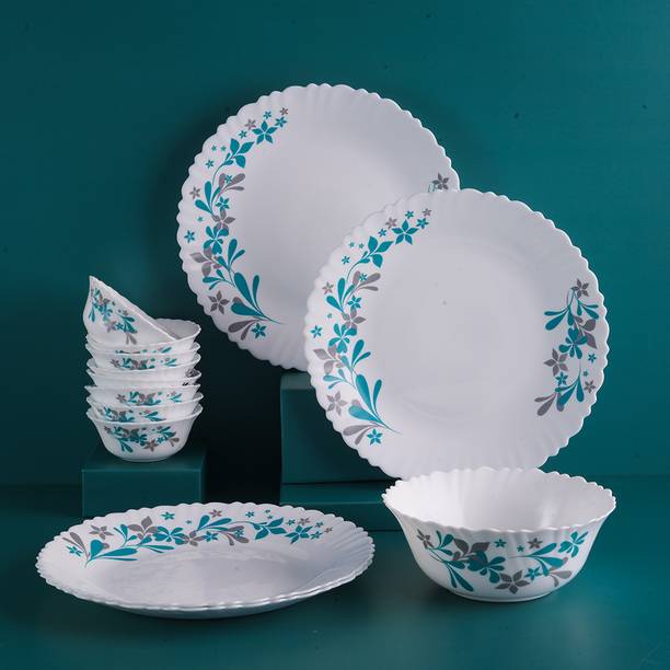 NOON Pack of 13 Opalware Florella Green Dinnerset, Crockery for Everyday Dining 