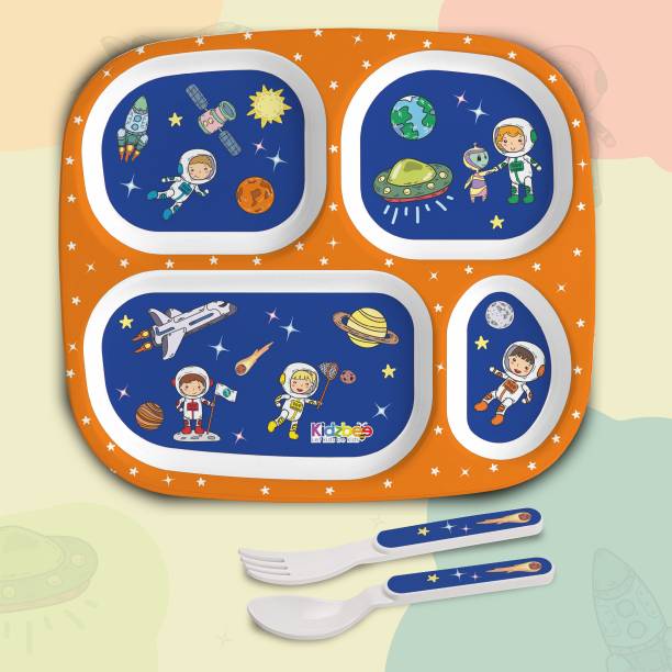 cello Pack of 3 Melamin Kidzbee Quadmeal Cosmic Explorer Melamine Meal Set for Kids |BPA Free| Navy Blue Dinner Set