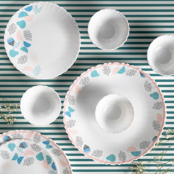 NOON Pack of 18 Opalware Dove Dinnerset with Quarter Plate, Crockery for Dining 