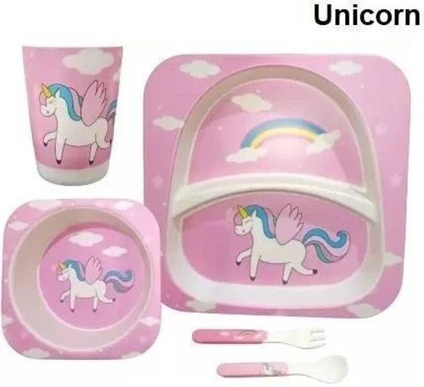 Deepashri Bamboo FIbre Pink Unicorn Baby Feeding kids Dinner Set (Plate, Bowl, Cup, Spoon & Fork) Dinner Set