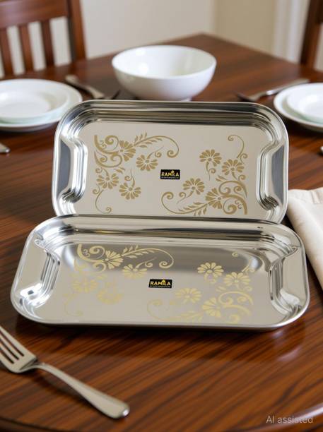 RAMILA Pack of 2 Steel Dinner set tray Serving tray Dinner Set