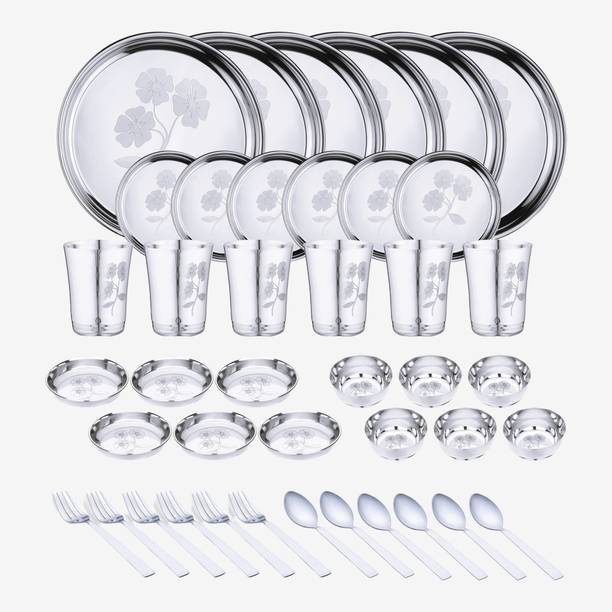 LIMETRO STEEL Pack of 42 Stainless Steel Laser Printed Flawer Design (Serves 6) Dinner Set