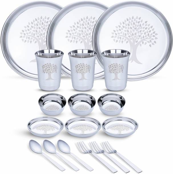 LIMETRO STEEL Pack of 18 Stainless Steel Laser Printed High Grade Dinner Set