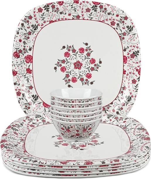 BATANIYA Pack of 12 Melamin Red Floral, Triple Coating - 6 Full Plate, 6 Veg Bowl Dinner Set