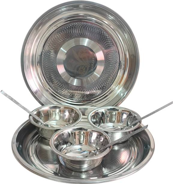 Jesal Pack of 9 Stainless Steel Dinner Set 3, Plate 3, Bowl 3, Spoon Dinner Set Dinner Set