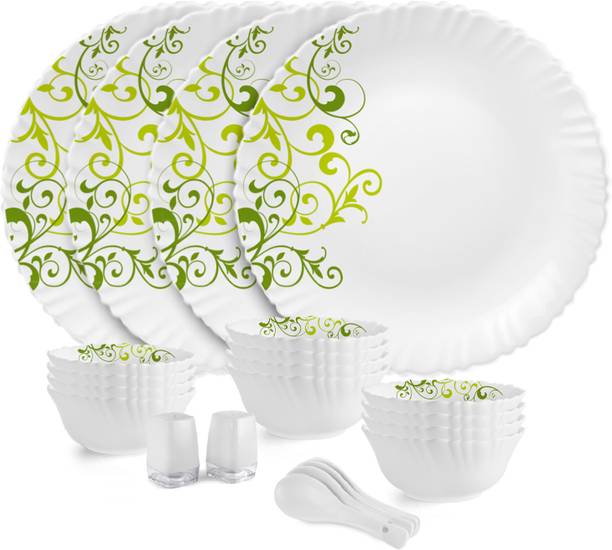 सेलो Dazzle Opalware Oleander Dinner Set | Crockery Set | Green 22 का पैक डिनर सेट