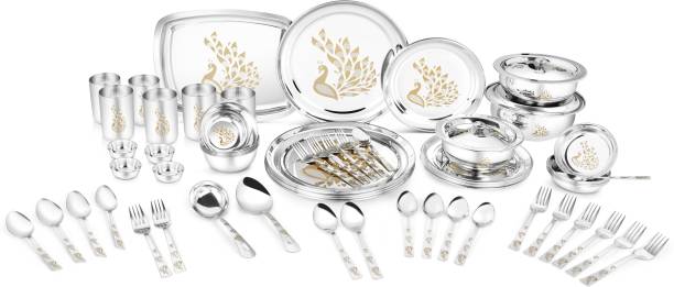 Classic Essentials Pack of 71 Stainless Steel Peacock Dinner set, Heavy Gauge with Permanent Laser Design Dinner Set