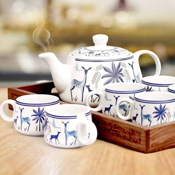 डीड इकोरवेव Premium Ceramic Tea Set of 7 PCS Teapot (100ML) with 6 Cups (150ML Each) 7 का पैक डिनर सेट