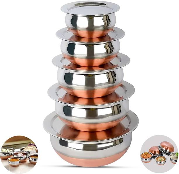 Nirvika Pack of 10 Stainless Steel Copper Bottom Handi Set / Steel Serving Set / Cookware Set with Lid Dinner Set Dinner Set