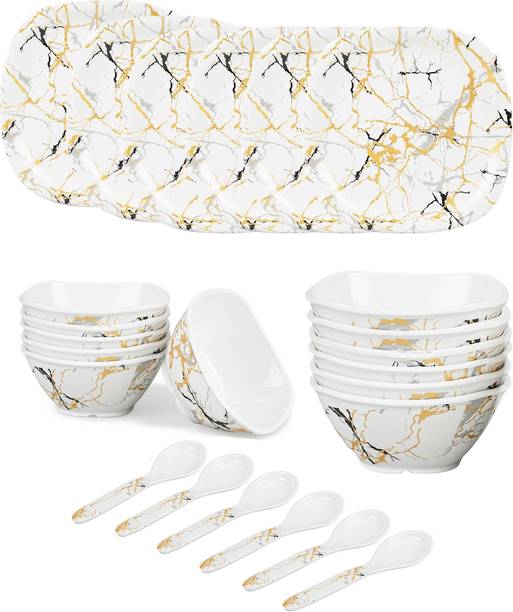 BATANIYA Pack of 24 Melamin Golden Marble Floral Triple Coating - 6 Full Plate, 12 Veg Bowl, 6 Tea Spoon Dinner Set