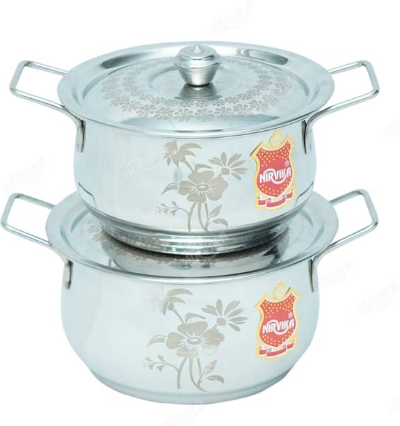 Nirvika Pack of 2 Stainless Steel Laser Handi Kitchen Serving Bowl Set,Cookware Patila with Lid 0.750 L, 1.000 L Dinner Set
