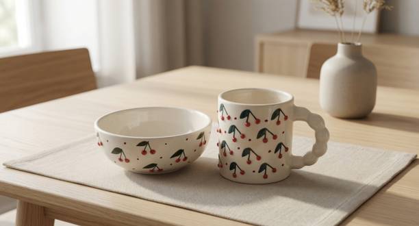 mrceramics Pack of 2 Ceramic Cherry Blossom Ceramic Mug & Bowl Combo Set Dinner Set