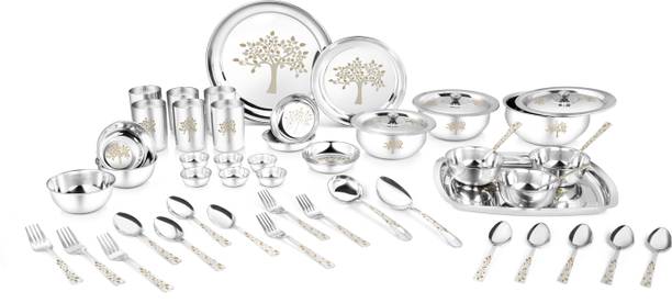 Classic Essentials Pack of 64 Stainless Steel Dinner Set|Serves 6 People|Heavy Gauge|Kitchen Set|Permanent Laser-Vriksha Dinner Set