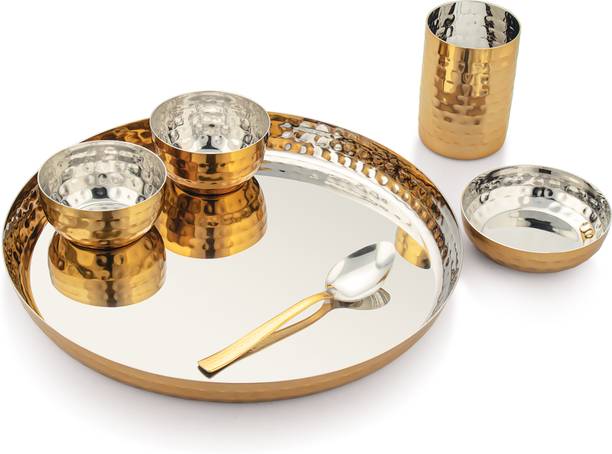 SILVERGLOW Pack of 6 Stainless Steel Hammered Dinner Set|Gold Finished set of 6|Perfect Gifting & tableware Dinner Set
