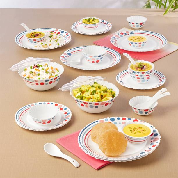Larah by Borosil Pack of 34 Opalware Galaxy Pastel Crockey Set for Dining & Gifting, Plate & Bowl Dinner Set
