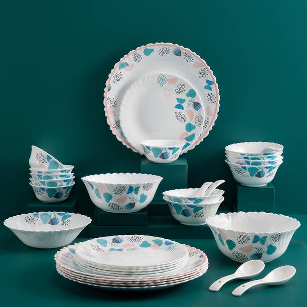 NOON Pack of 33 Opalware Dove Dinner Set, Crockery for Everyday Dining & Gifting