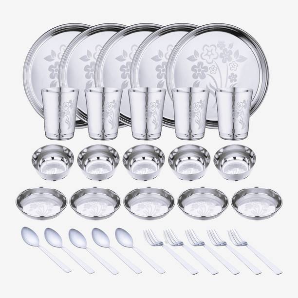 LIMETRO STEEL Pack of 30 Stainless Steel Laser Printed (Serves 5) Dinner Set