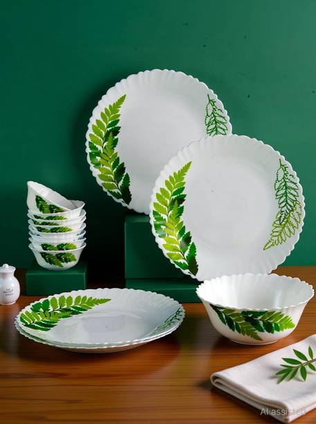 NOON Pack of 13 Opalware Dewleaf Green Dinner Set, Crockery Set for Dining & Gif