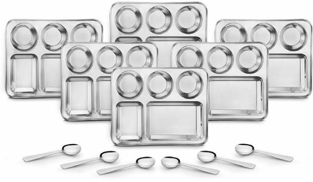 Classic Essentials Pack of 6 Stainless Steel 5 in 1 Compartments Bhojan Thali with Spoon Dinner Set