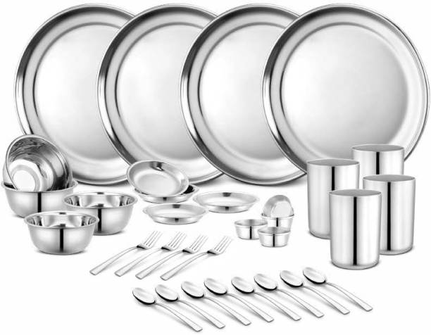 Classic Essentials Pack of 32 Stainless Steel Plain Dinner set ,32-Pieces,Silver -Heavy Gauge Dinner Set