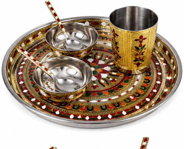 POORAN CHAND KANTHI MALA Steel Bhog Thali Meenakari Pooja Thali Set. Designed Dinner Set