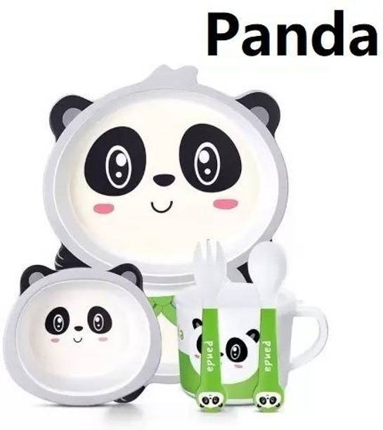 Deepashri Bamboo FIbre Black Panda Baby Feeding kids Dinner Set (Plate, Bowl, Cup, Spoon & Fork) Dinner Set