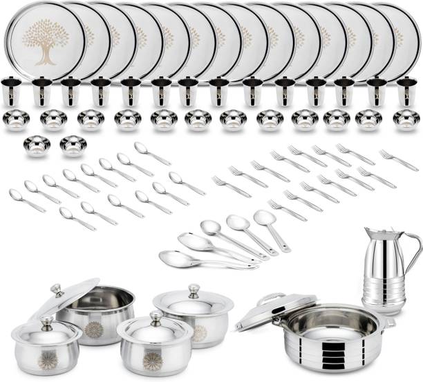 Ginara Pack of 85 Stainless Steel Laser Printed Tree Model-5 Set,Handi,Lid,Jug,Serving Spoon,Hot pot. Dinner Set